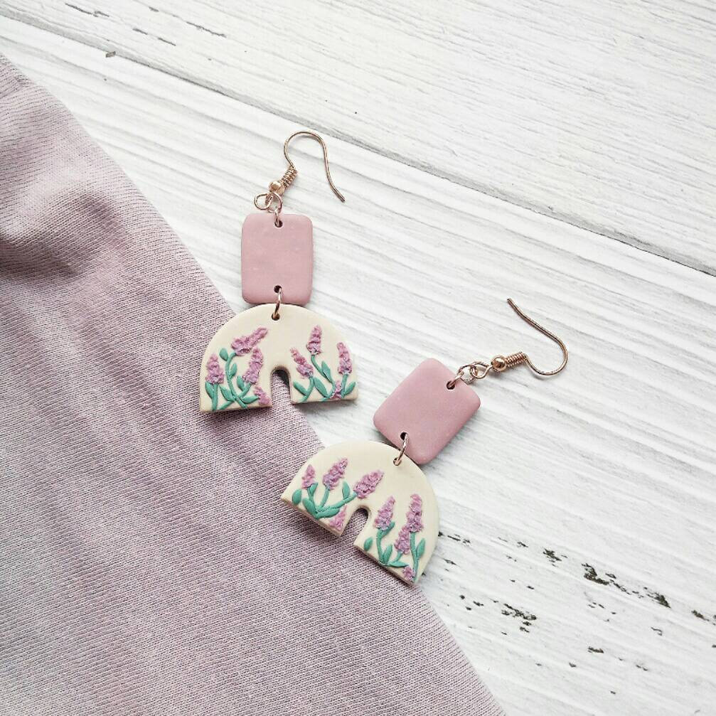 L A V E N D E R • G A R D E N - The Half-u Dangle Polymer Clay Earrings | Unique Contemporary Polymer Clay Dangle Earrings