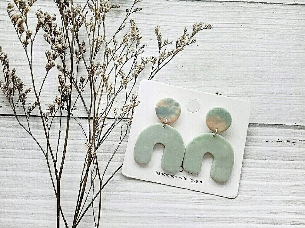 B E A C H • L I F E - The Horseshoe Polymer Clay Earrings | Geometric Sage Green Statement Earrings