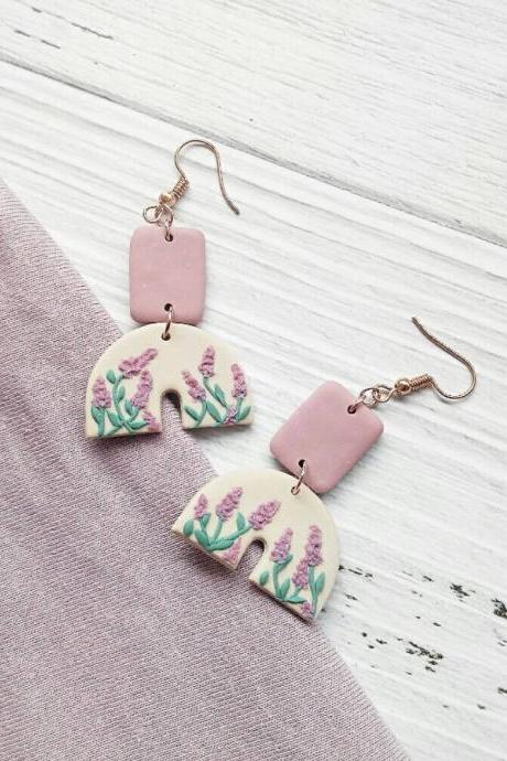 L A V E N D E R • G A R D E N - the half-U dangle polymer clay earrings | Unique Contemporary Polymer Clay Dangle Earrings 